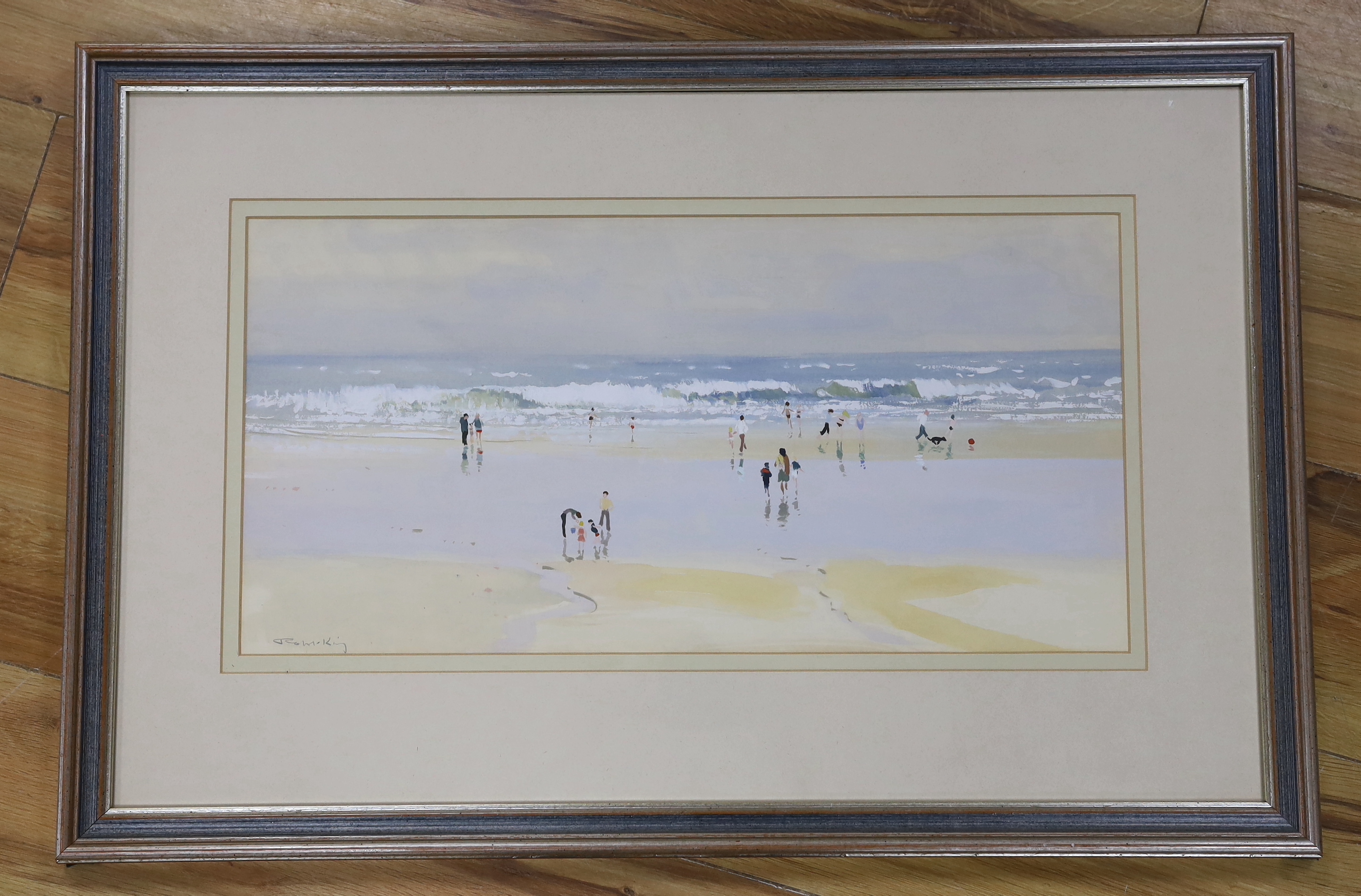 Robert King (b.1936), mixed media, Beach scene with figures, Medici Society label verso, 50 x 25cm